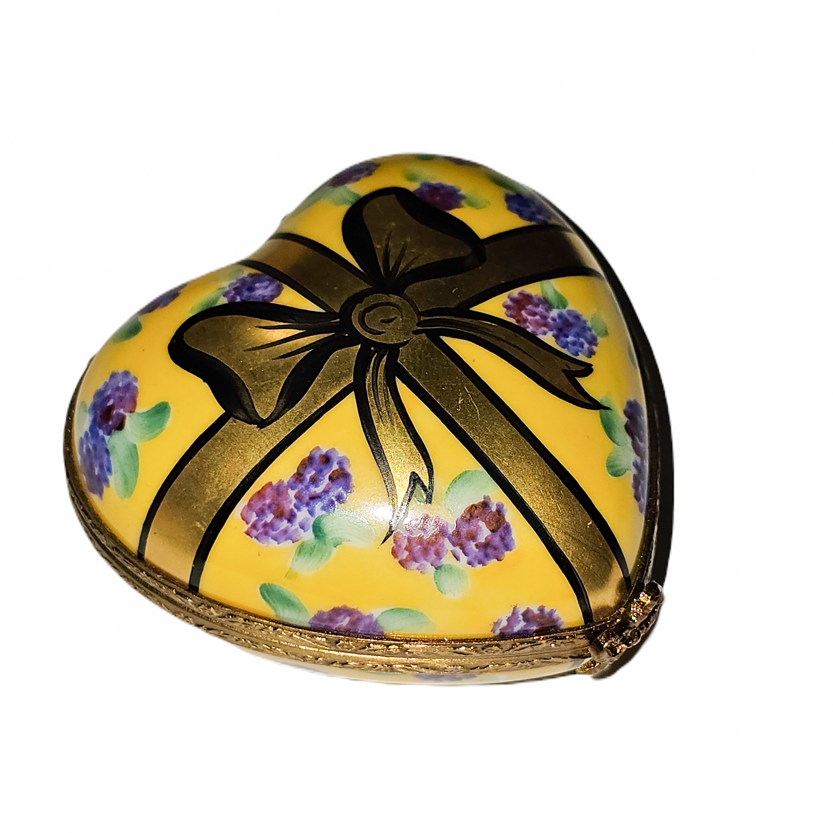 Yellow Heart w Flowers and Bow Gift Box, a hand-painted Limoges porcelain gift