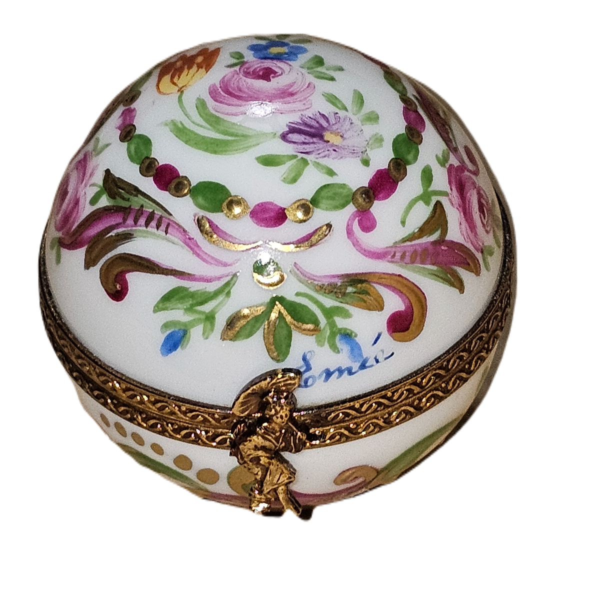 White Mini Round w Pink Flowers, a hand-painted Limoges porcelain gift
