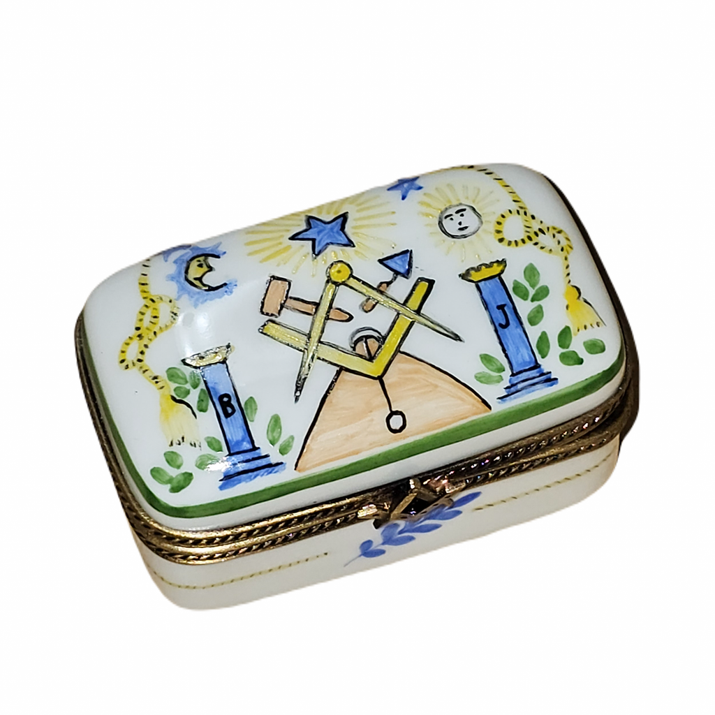 Masonic Symbols Solomon on Rectangle Limoges Box, a hand-painted Limoges porcelain gift