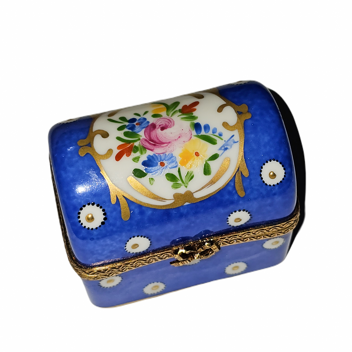 Dark Blue Chest w Flowers HandPainted Gold Limoges, a hand-painted Limoges porcelain gift