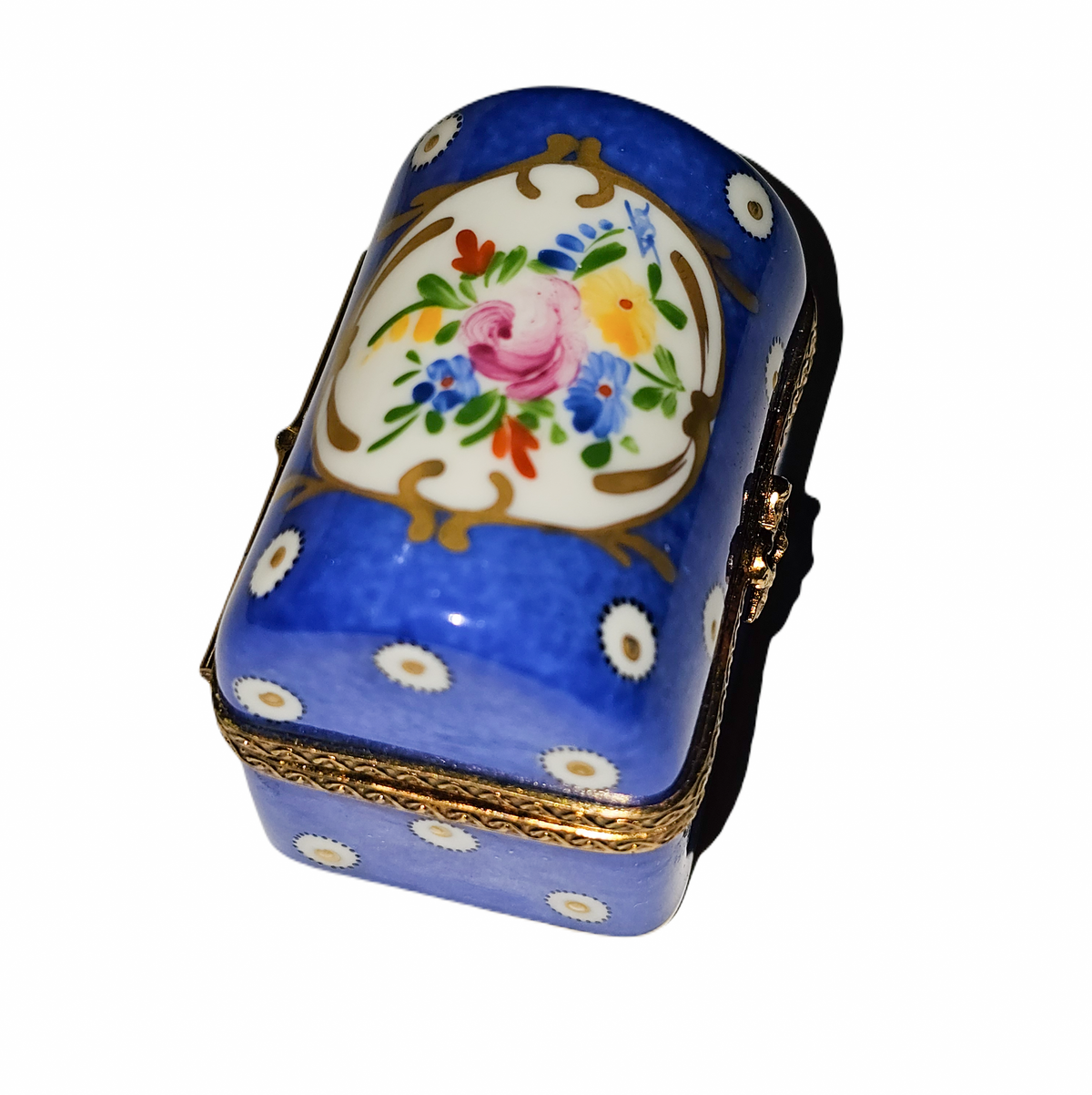 Dark Blue Chest w Flowers HandPainted Gold Limoges, view 3