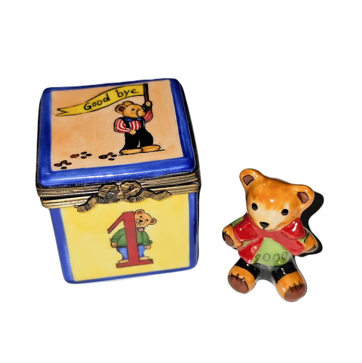 Teddy Bear in Block Keepsake Gift, a hand-painted Limoges porcelain gift