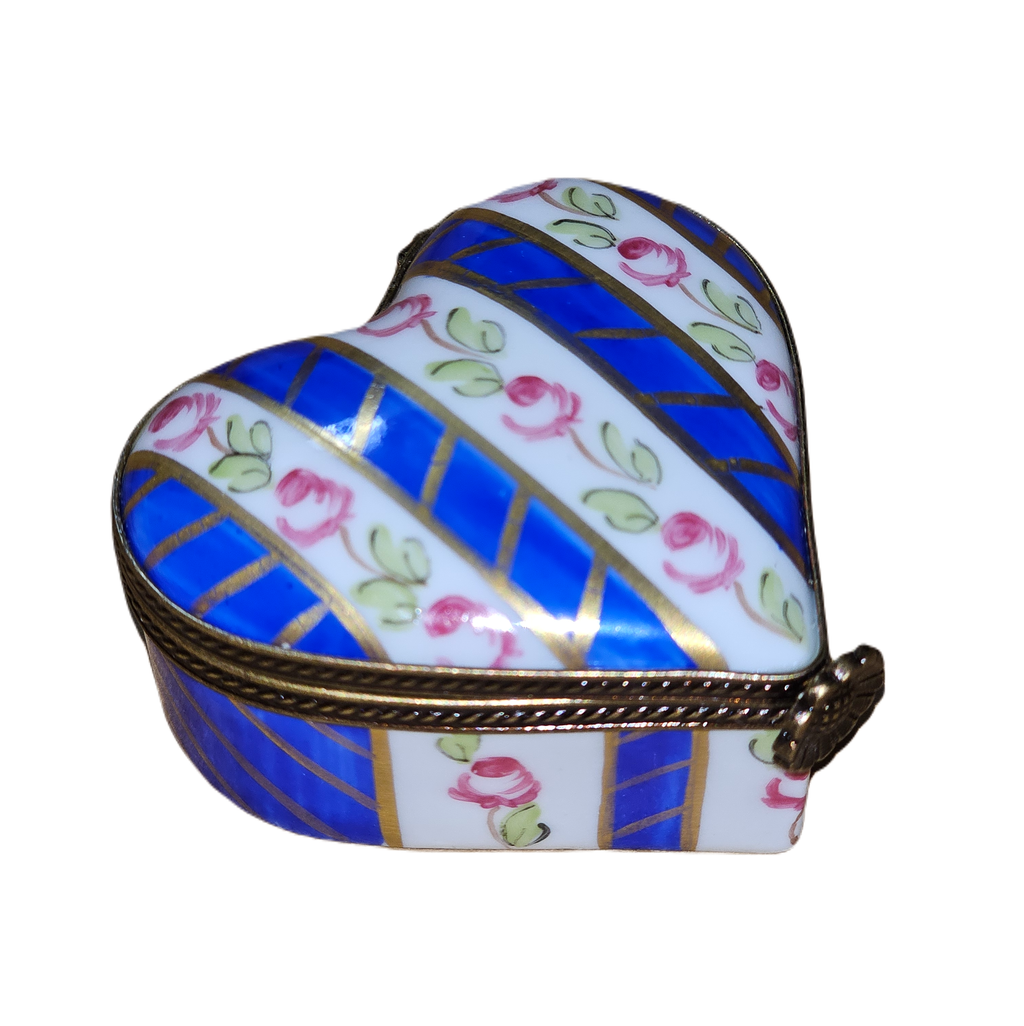 Blue Stripes Hearts with Roses Porcelain Heart Box, a hand-painted Limoges porcelain gift