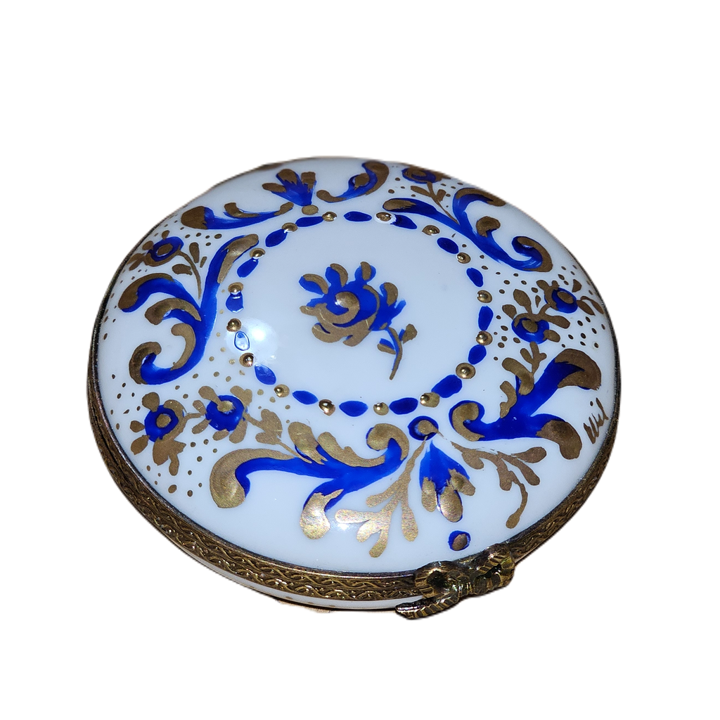 Blue Gold Spiral Round Limoges Box, a hand-painted Limoges porcelain gift