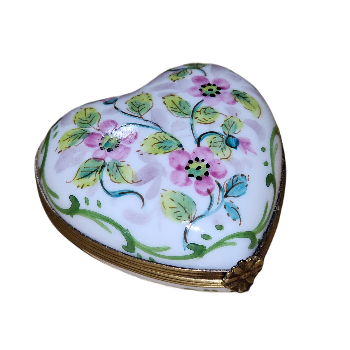 Pink Flowers with Leaves Porcelain Heart Box, a hand-painted Limoges porcelain gift