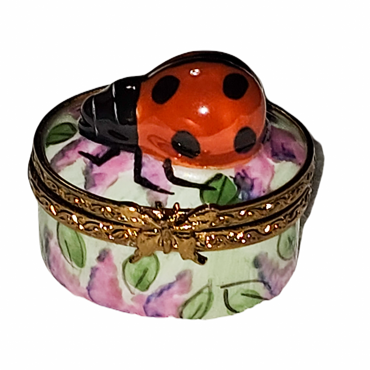 Mini Lady Bug on Oval Limoges Box, a hand-painted Limoges porcelain gift