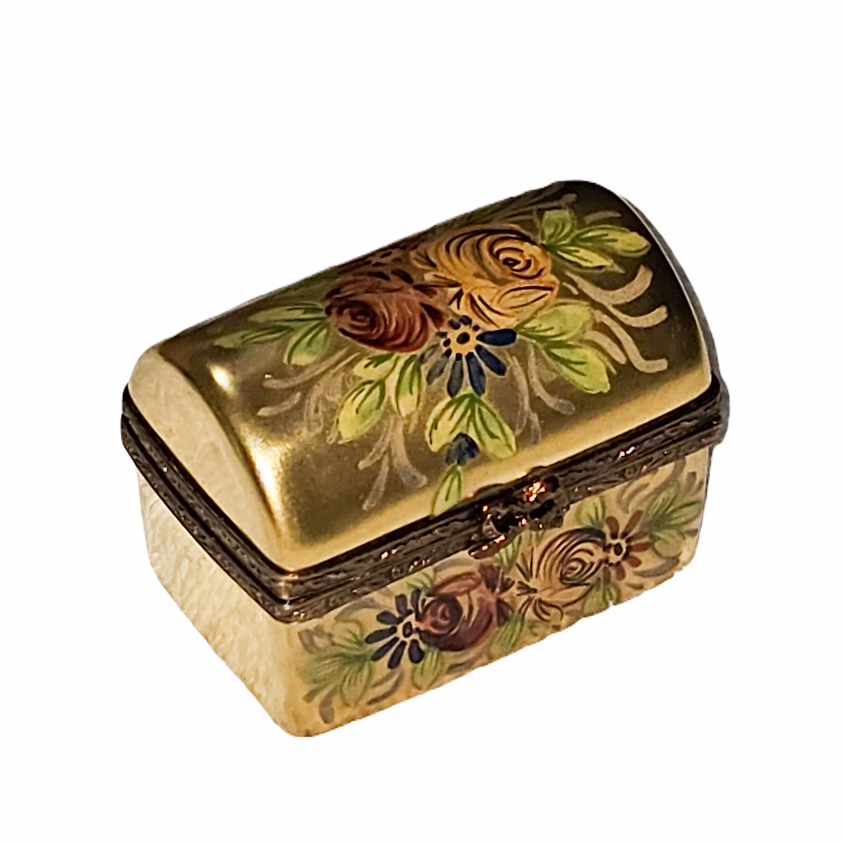 Gold Chest Brown Roses Limoges Box, a hand-painted Limoges porcelain gift