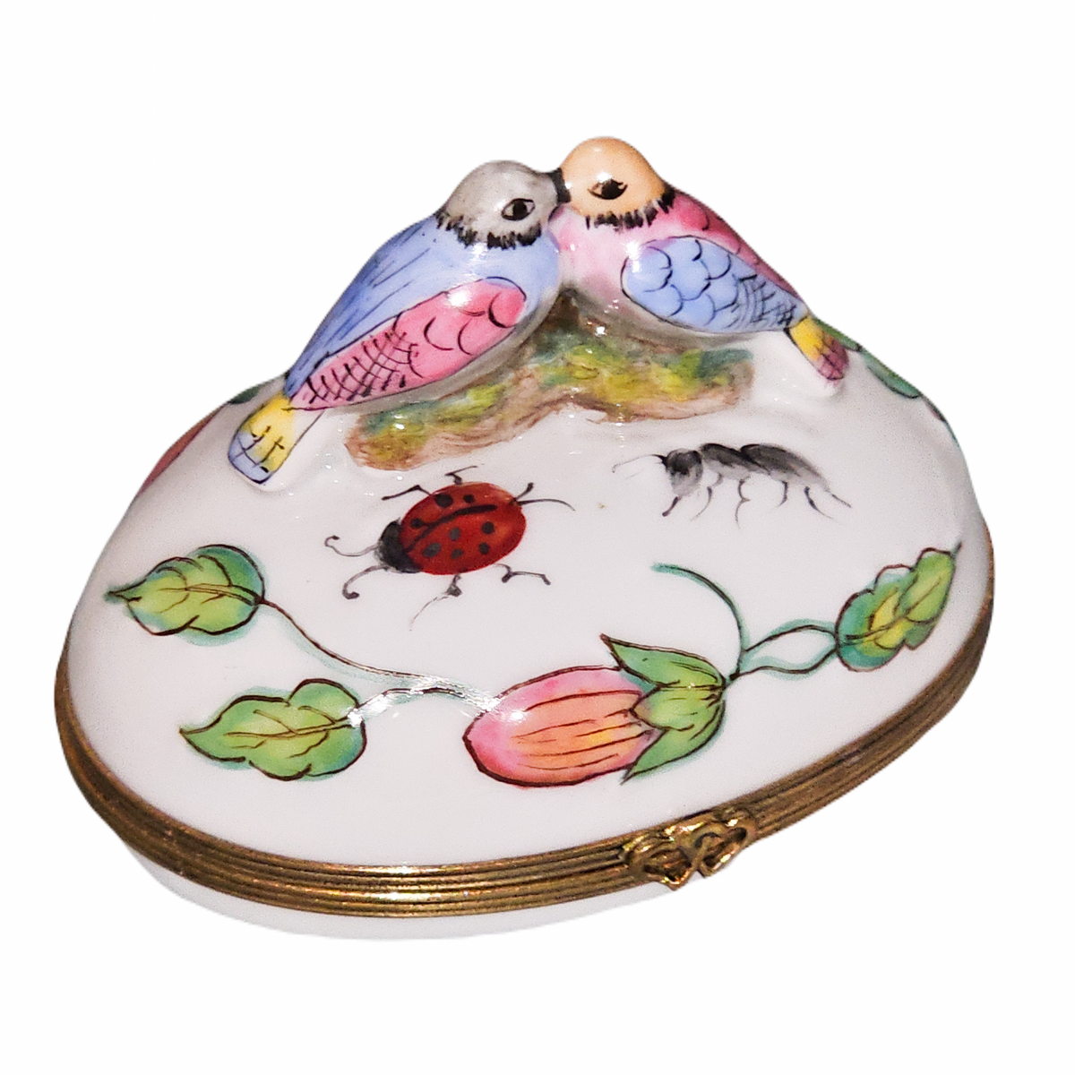 Love Birds on Nature with Eggs Limoges Box, a hand-painted Limoges porcelain gift