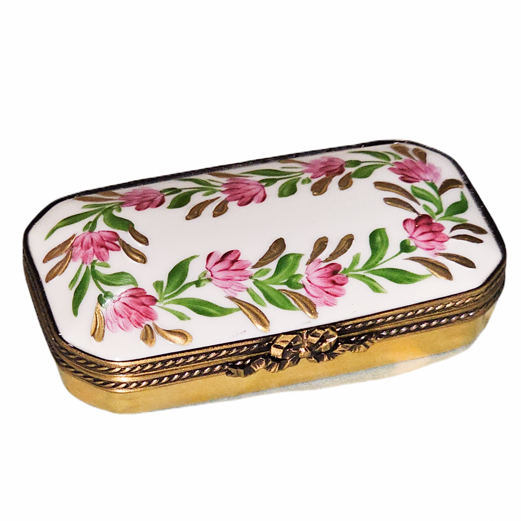 Pink Flowers Rectangle Flat Limoges Box, a hand-painted Limoges porcelain gift