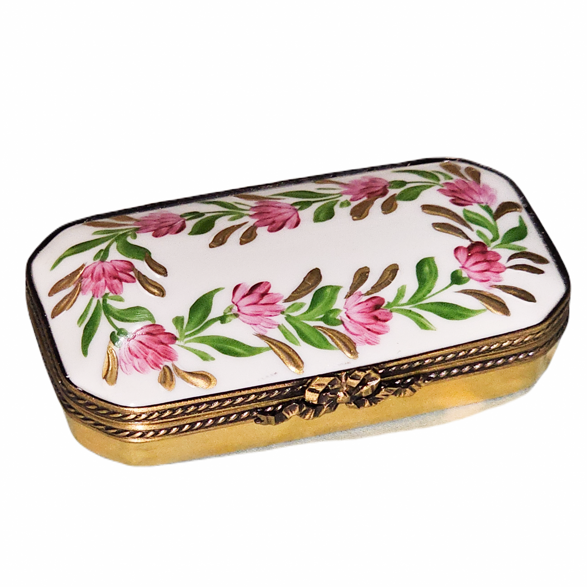 Pink Flowers Rectangle Flat Limoges Box, a hand-painted Limoges porcelain gift