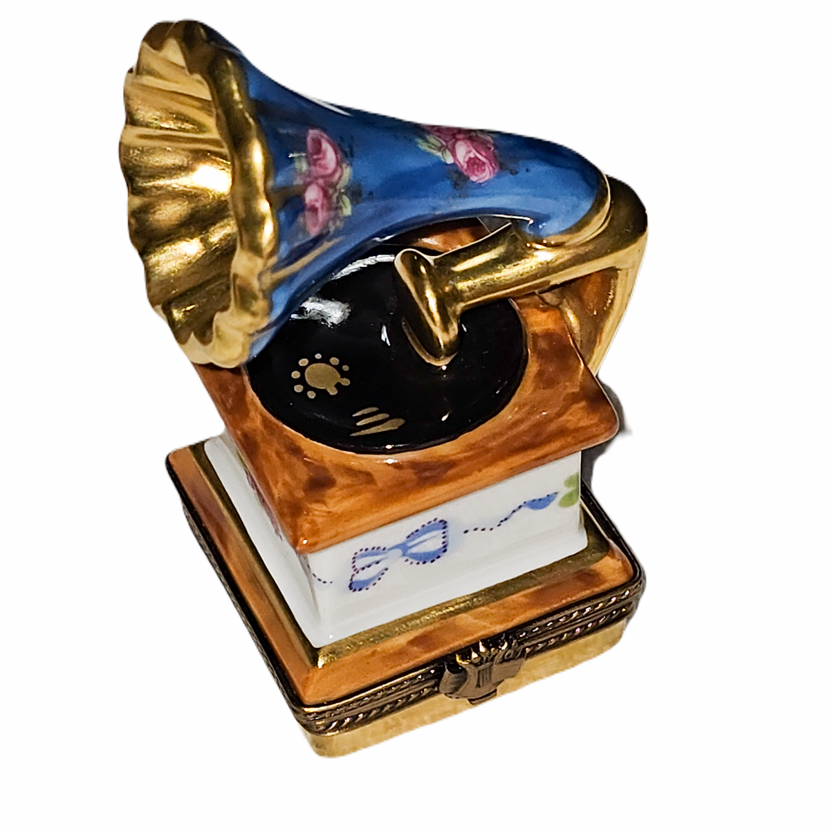 Blue Floral Gramophone Treasure for Music Lovers, a hand-painted Limoges porcelain gift