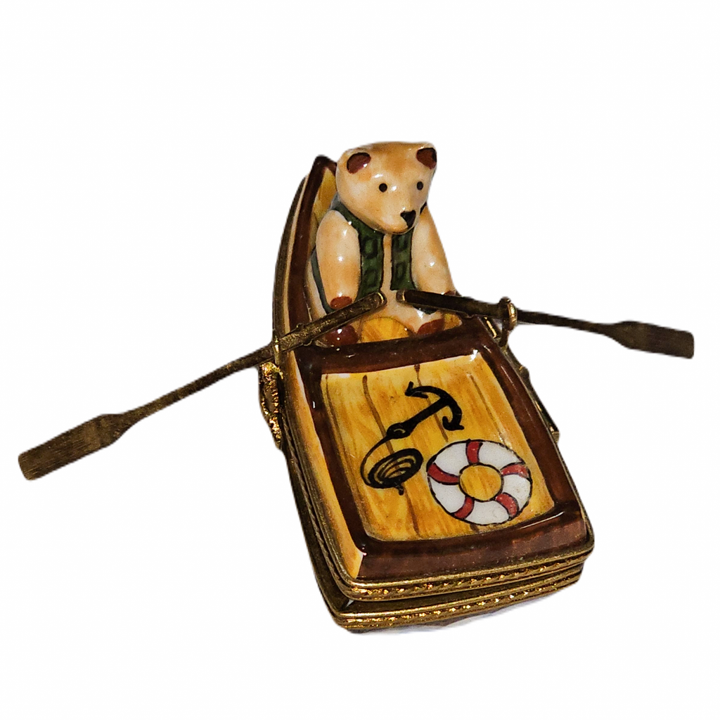 Teddy Bear in Row Boat Charm for Collectors Limoges, a hand-painted Limoges porcelain gift