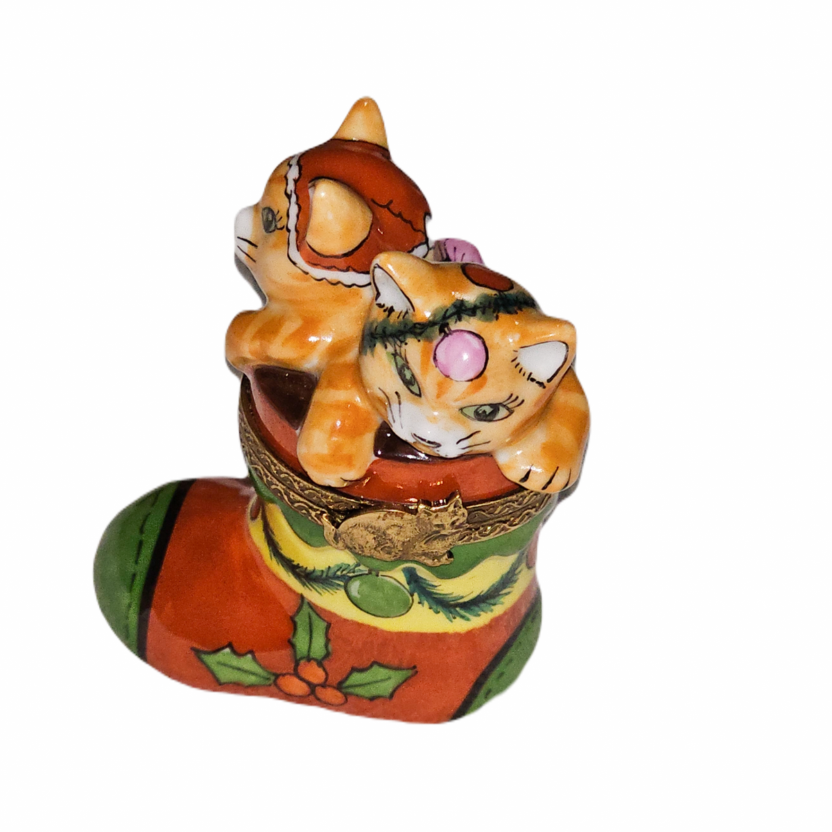 Kittens in Christmas Boot for Cat Lovers, a hand-painted Limoges porcelain gift