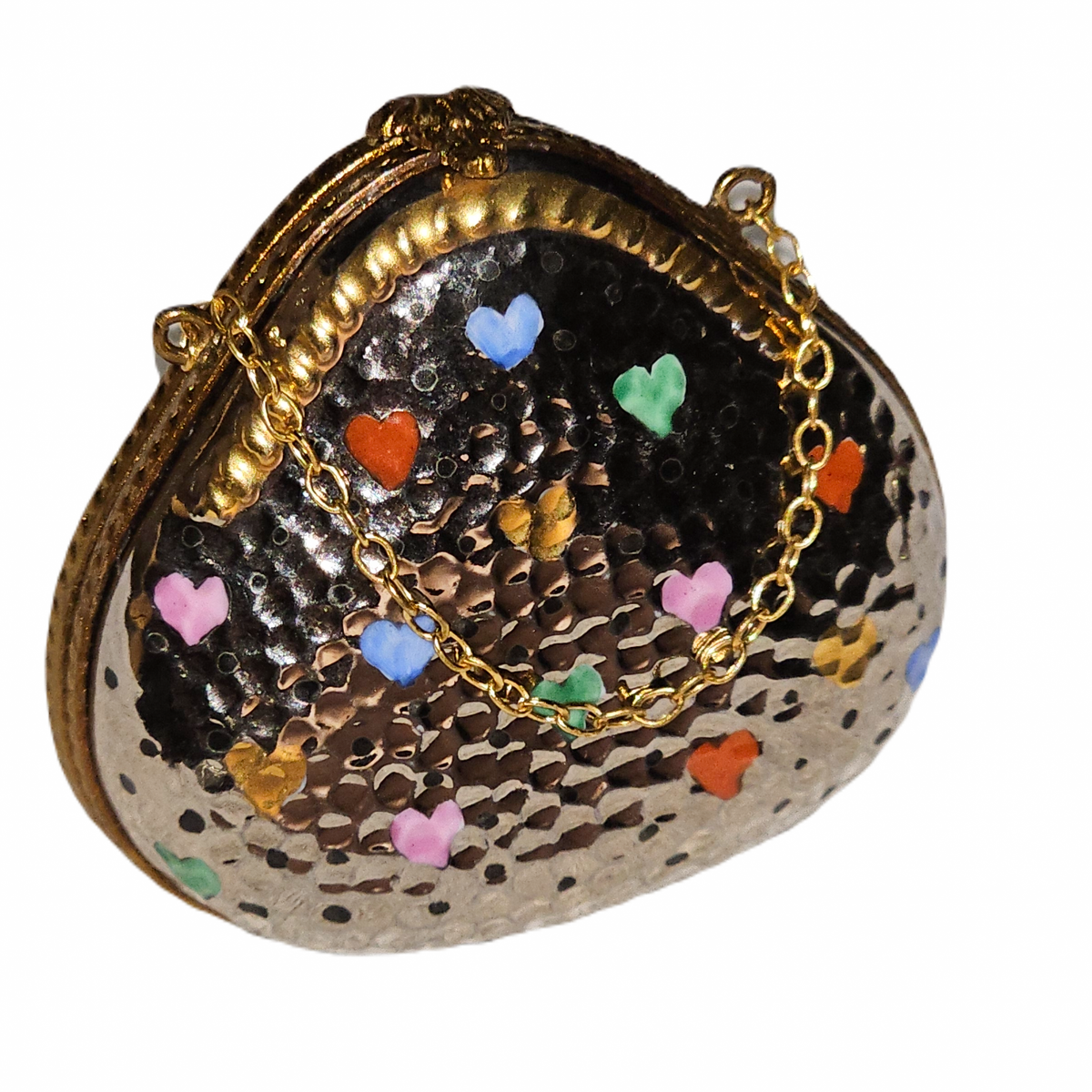 Limoges Silver Purse with Hearts Porcelain Art Object Hammered Elegance Clutch, a hand-painted Limoges porcelain gift