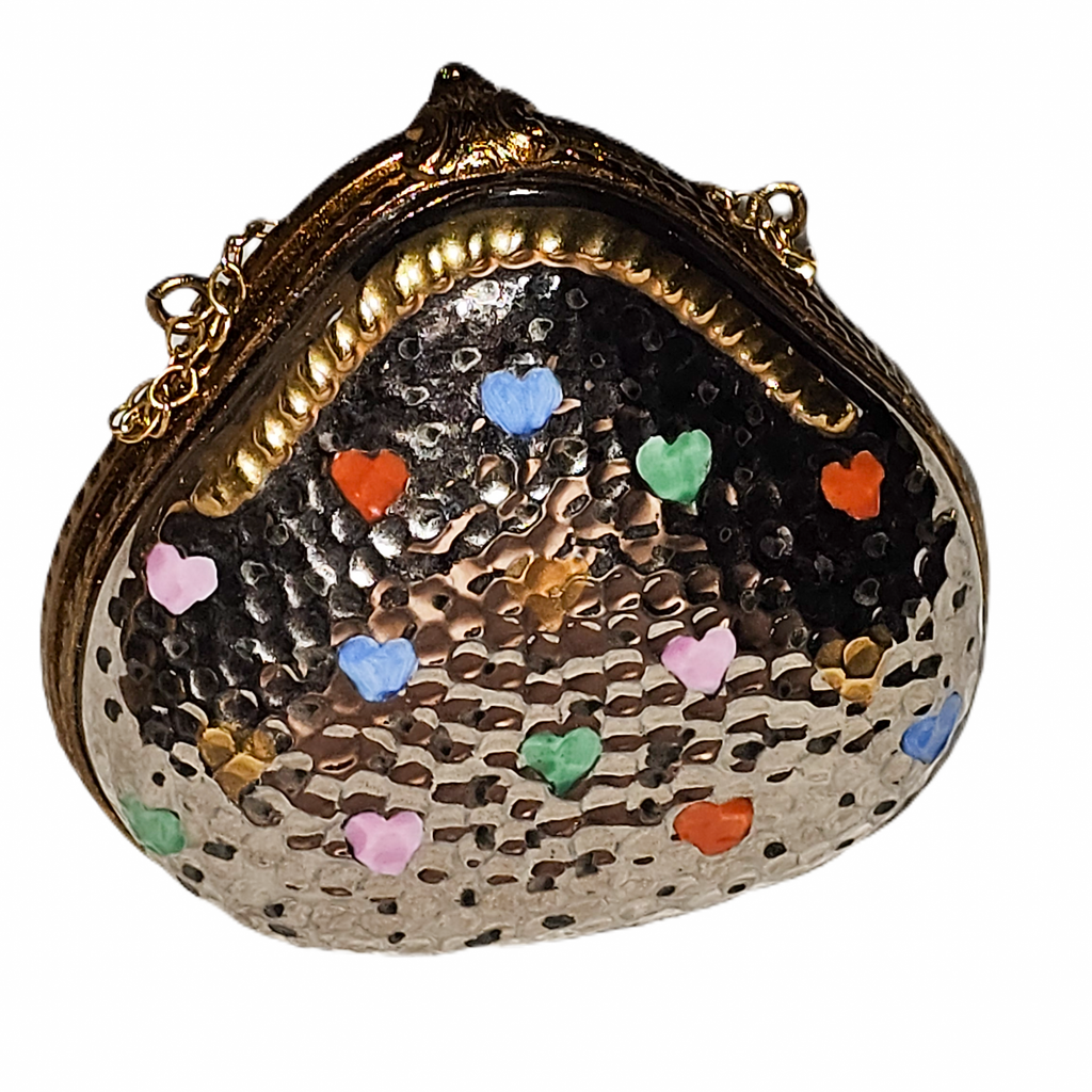 Limoges Silver Purse with Hearts Porcelain Art Object Hammered Elegance Clutch, view 3