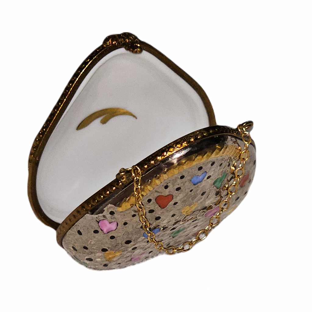 Limoges Silver Purse with Hearts Porcelain Art Object Hammered Elegance Clutch, view 2