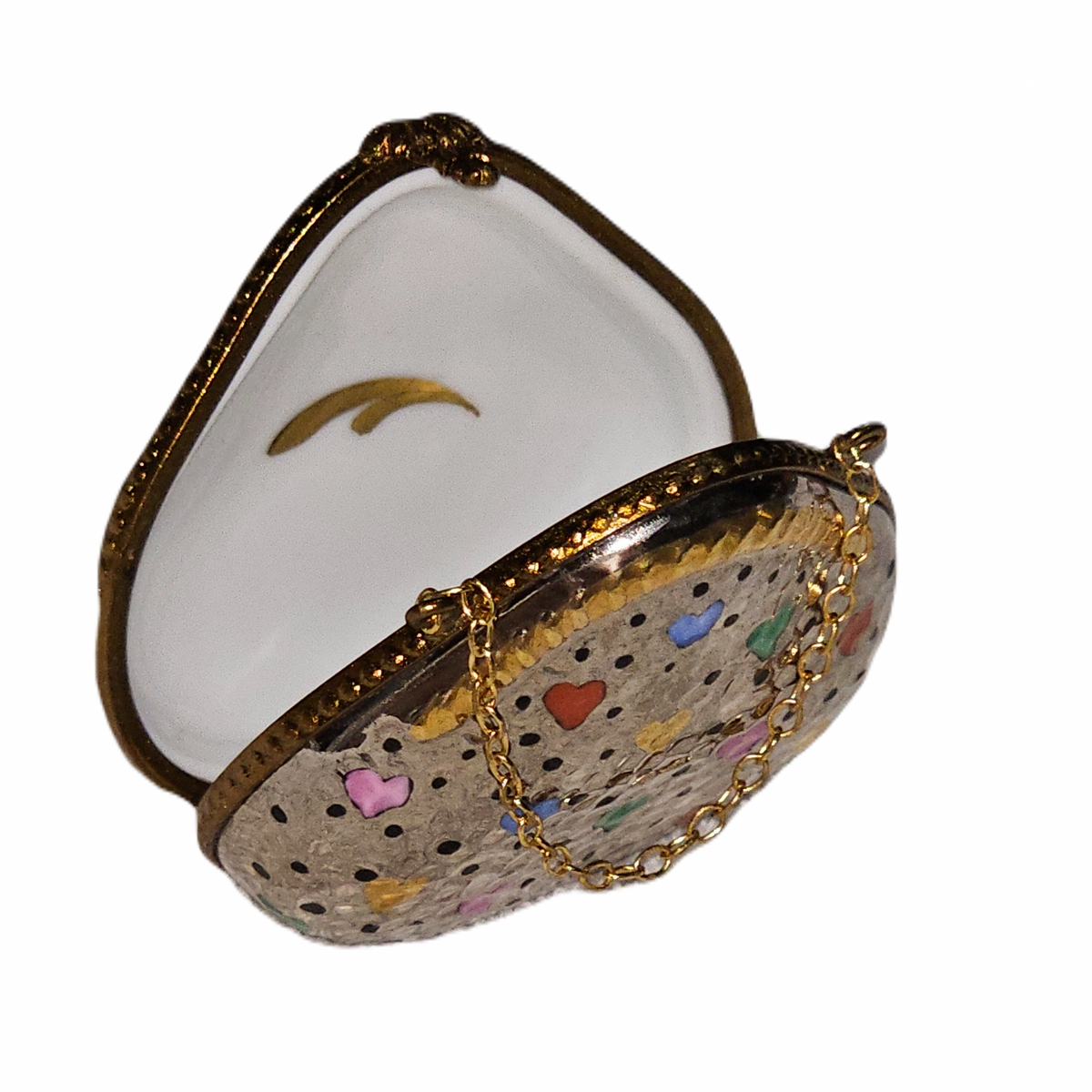 Limoges Silver Purse with Hearts Porcelain Art Object Hammered Elegance Clutch, view 2
