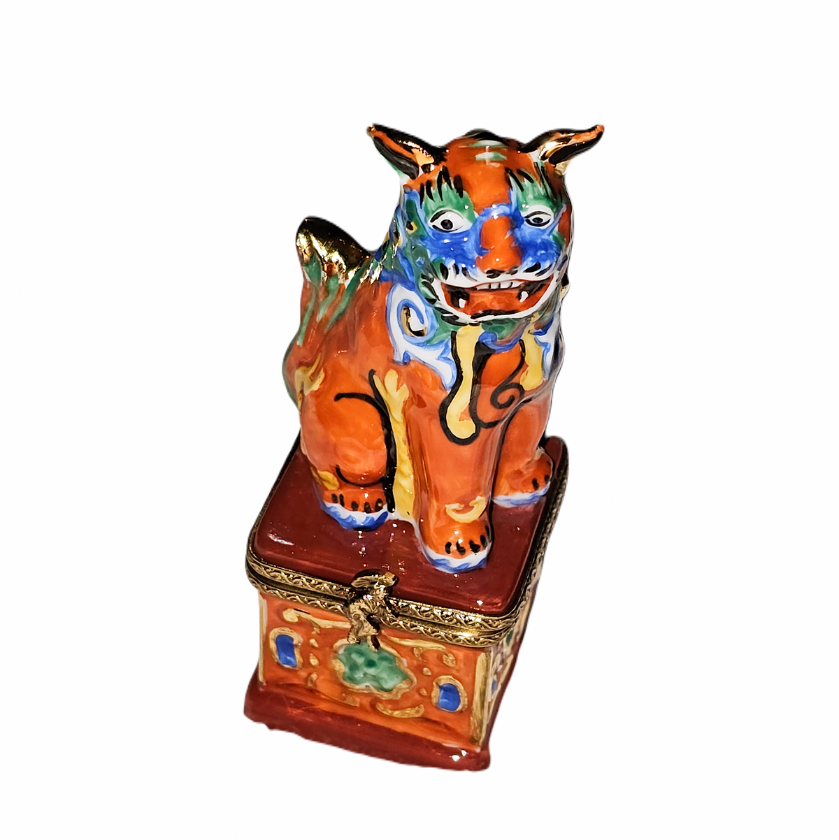 Orange Chinese Foo Dog Limoges Box China, a hand-painted Limoges porcelain gift