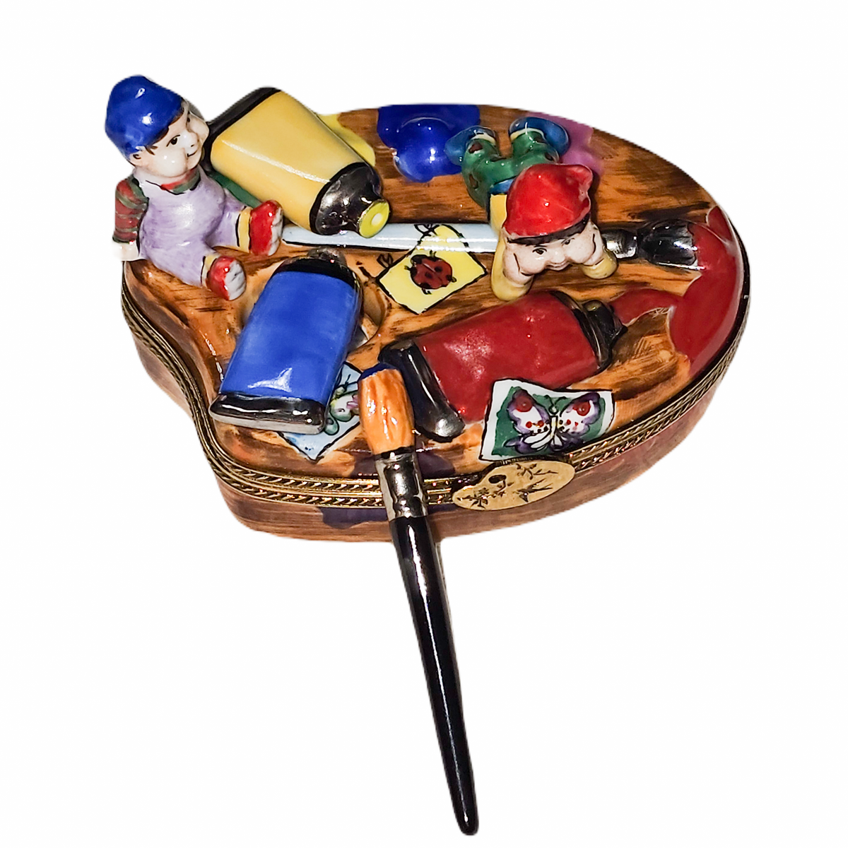 Whimsical Elves W Art Paint Pallet Elf Limoges Box, a hand-painted Limoges porcelain gift