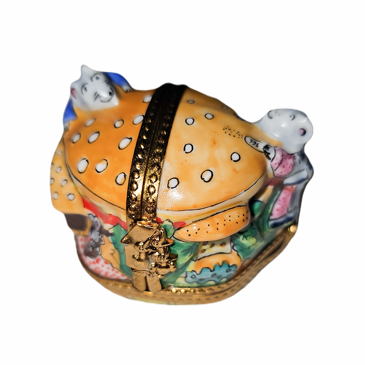 Triple Hinged Mice with Cheeseburger Limoges Box, a hand-painted Limoges porcelain gift