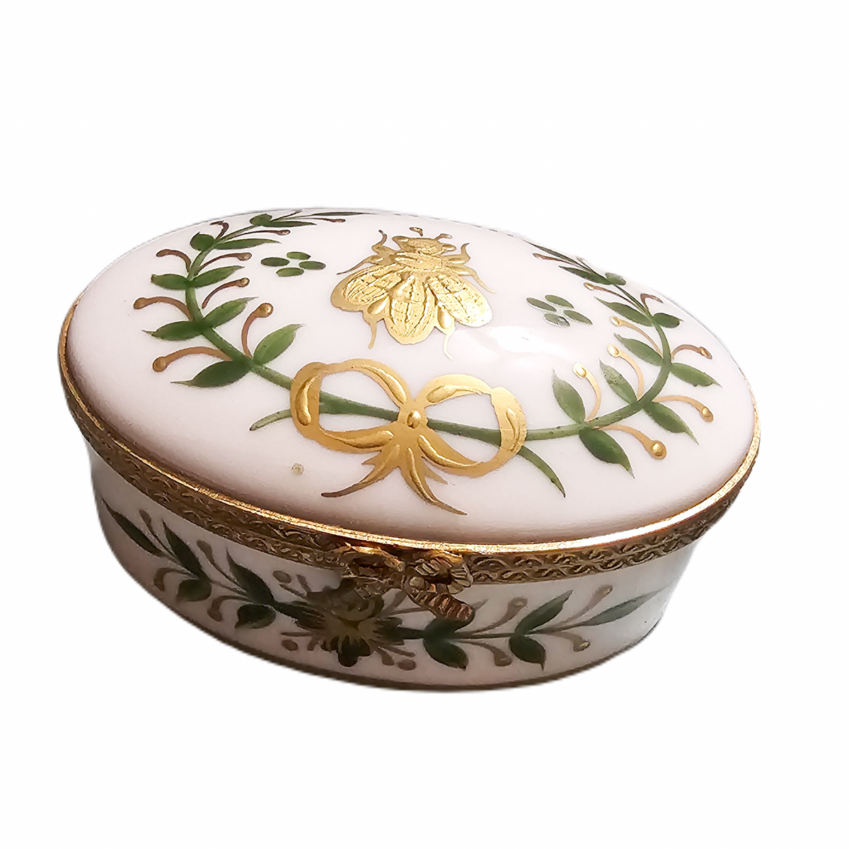 Emperor Green Leaves Oval W Gold Bee, a hand-painted Limoges porcelain gift