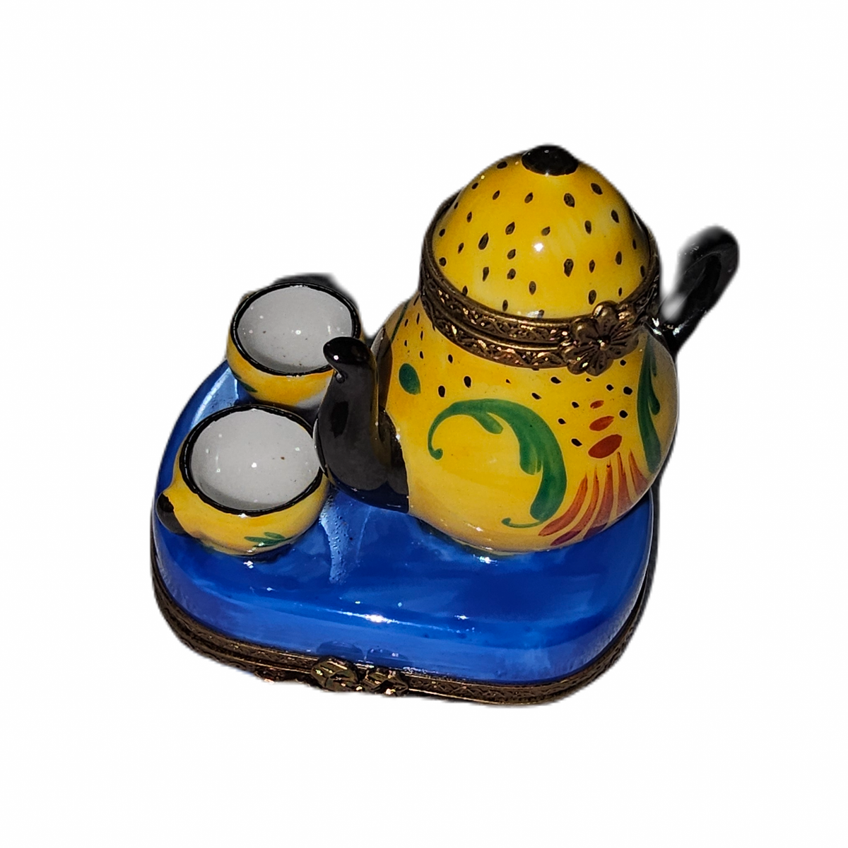 Yellow Teapot w Cups on Blue Limoges Box, a hand-painted Limoges porcelain gift