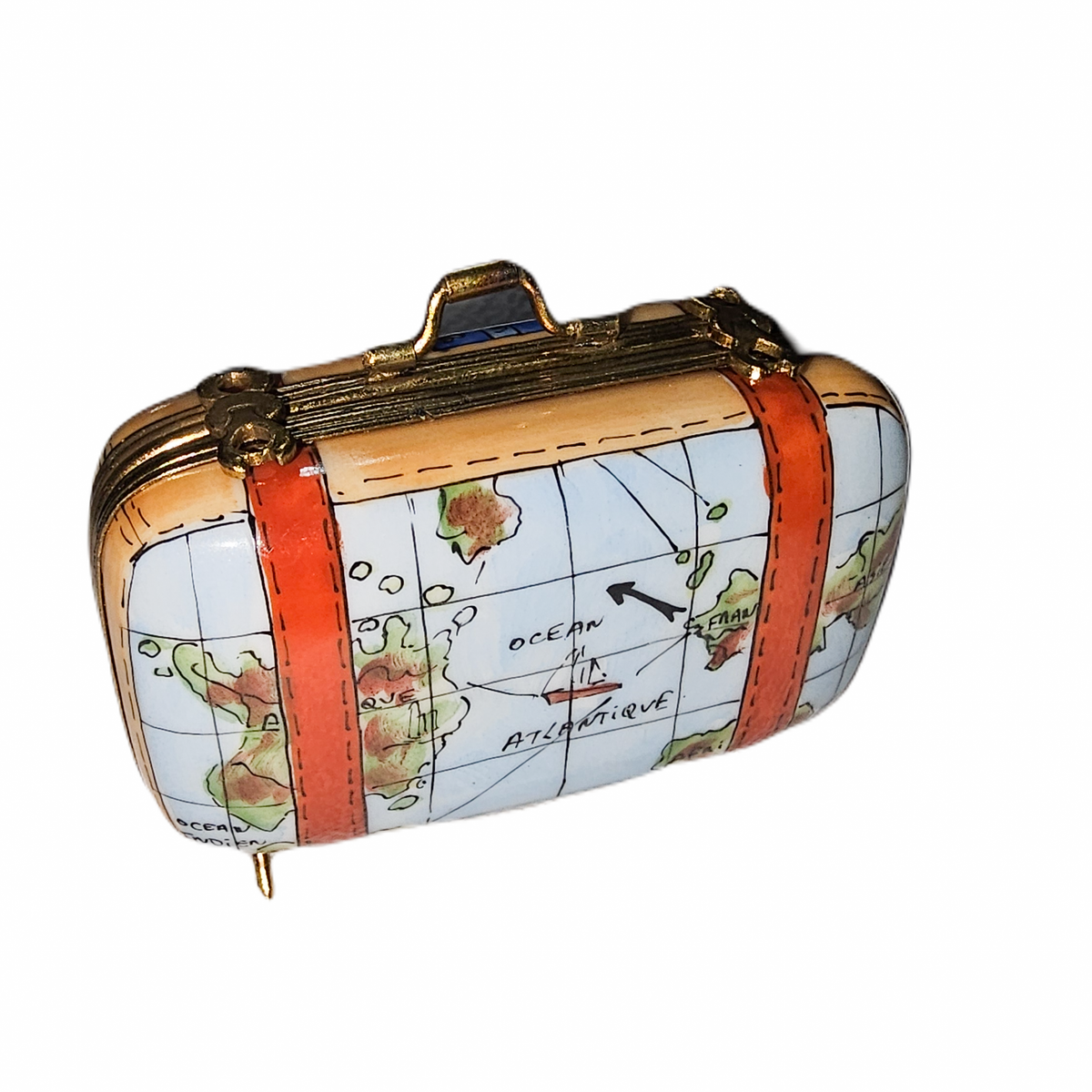 World Map Adventure Suitcase for Travelers, a hand-painted Limoges porcelain gift