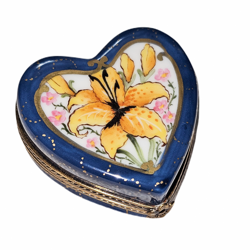 Orchid on Dark Blue Heart Limoges Box, a hand-painted Limoges porcelain gift