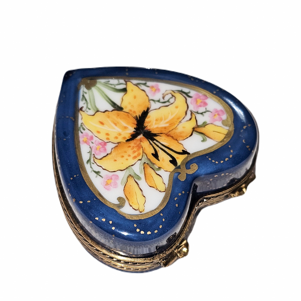 Orchid on Dark Blue Heart Limoges Box, view 3