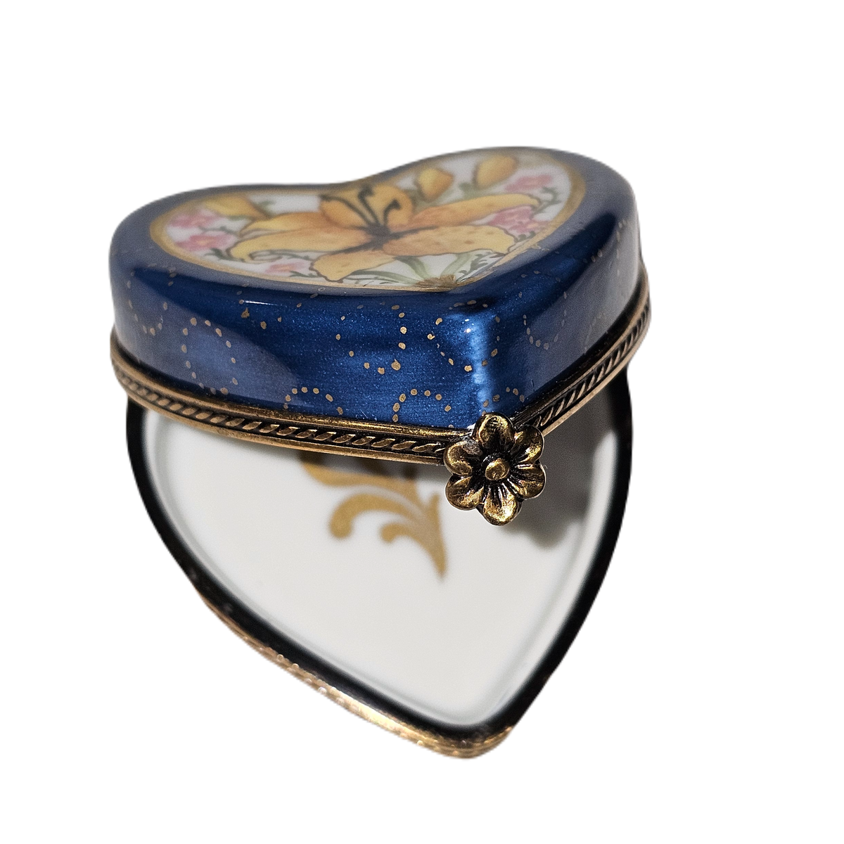 Orchid on Dark Blue Heart Limoges Box, view 2
