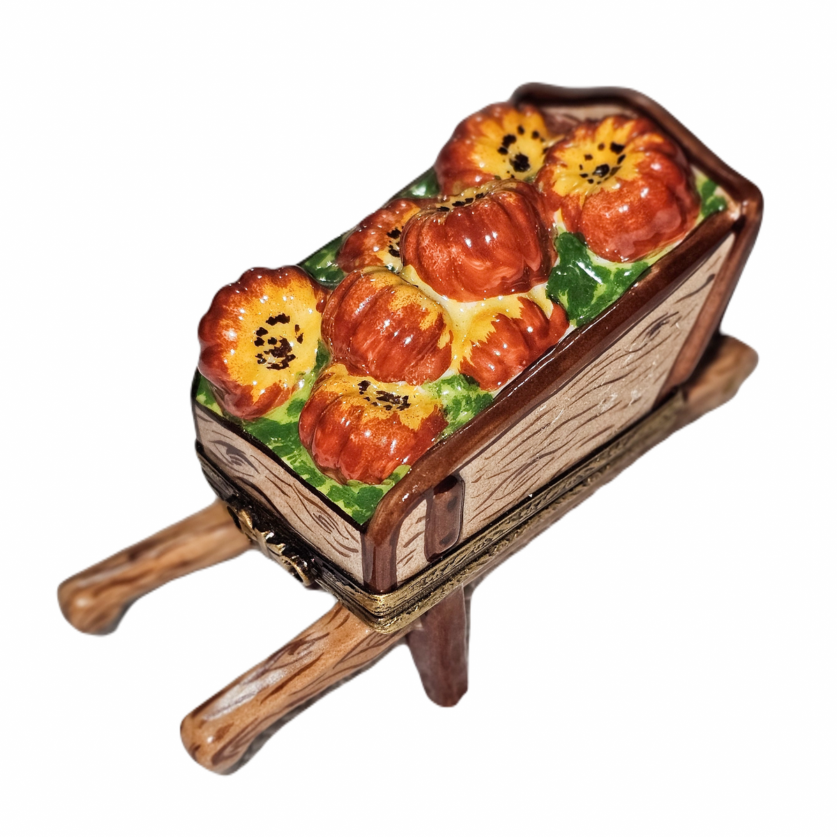 Collectible Wheelbarrow Filled with Pumpkins Autumn Limoges box with artisan brushwork