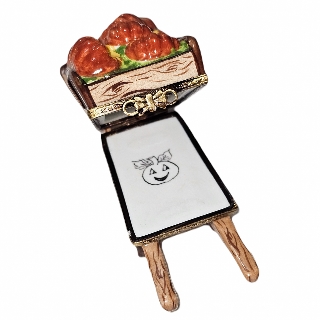 Wheelbarrow Filled with Pumpkins Autumn Limoges box painted by hand in Limoges, France, a gift to treasure