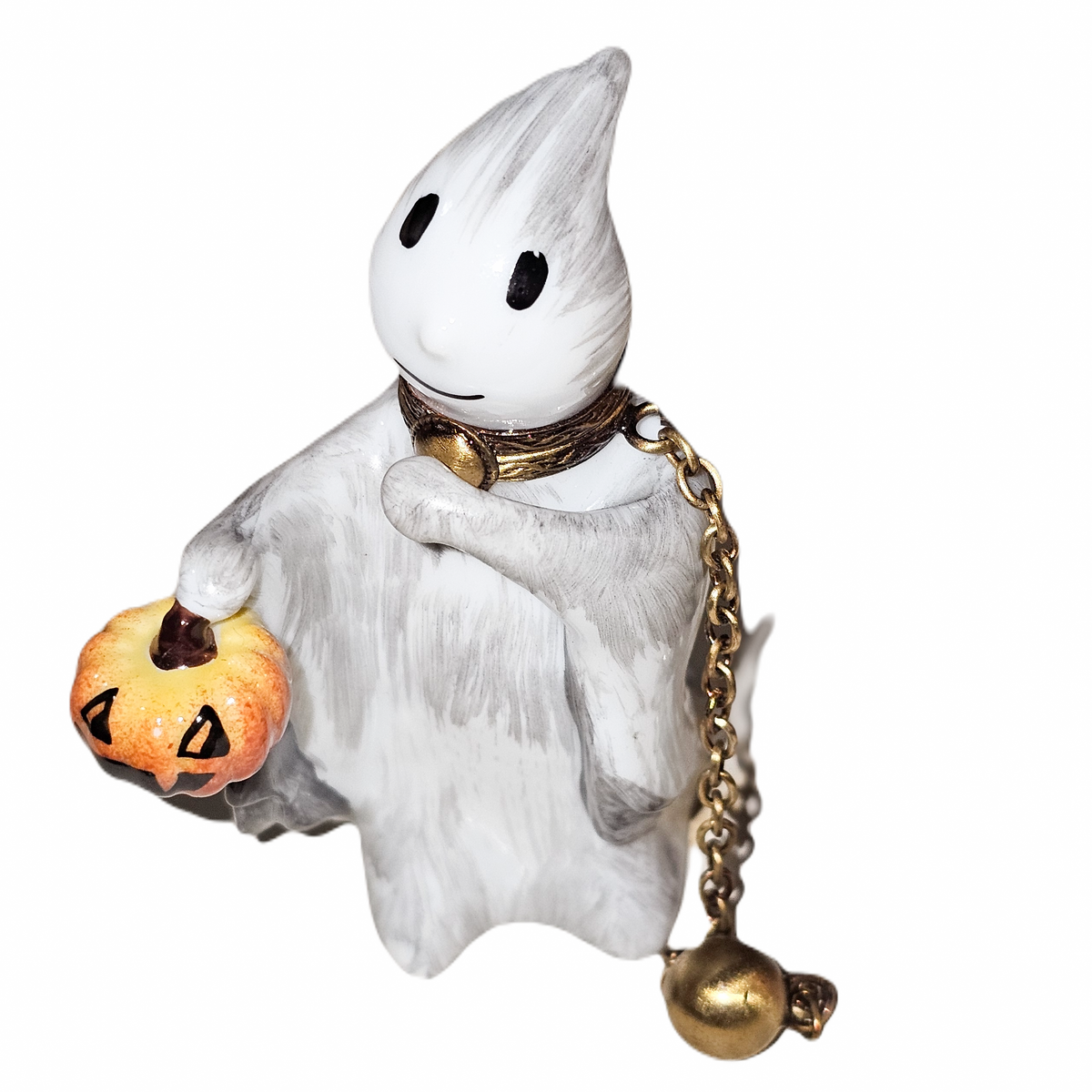 Limoges Boutique presents the Ghost Holding Jack O Lantern Halloween, a genuine Limoges box painted by hand in France