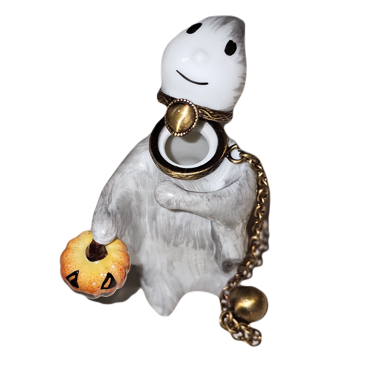 Fine French craftsmanship on the Ghost Holding Jack O Lantern Halloween Limoges box, painted by hand
