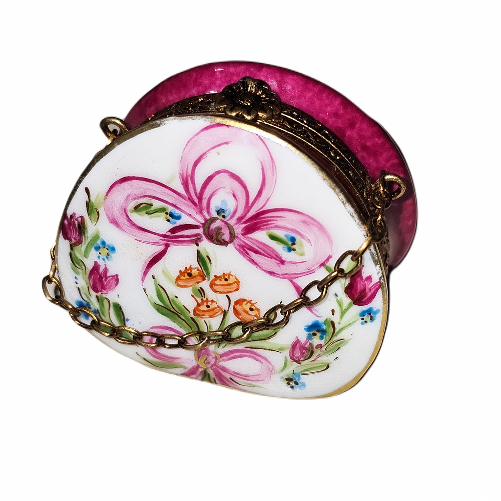 Hot Pink Purse Ribbon Flowers Gifts, a hand-painted Limoges porcelain gift