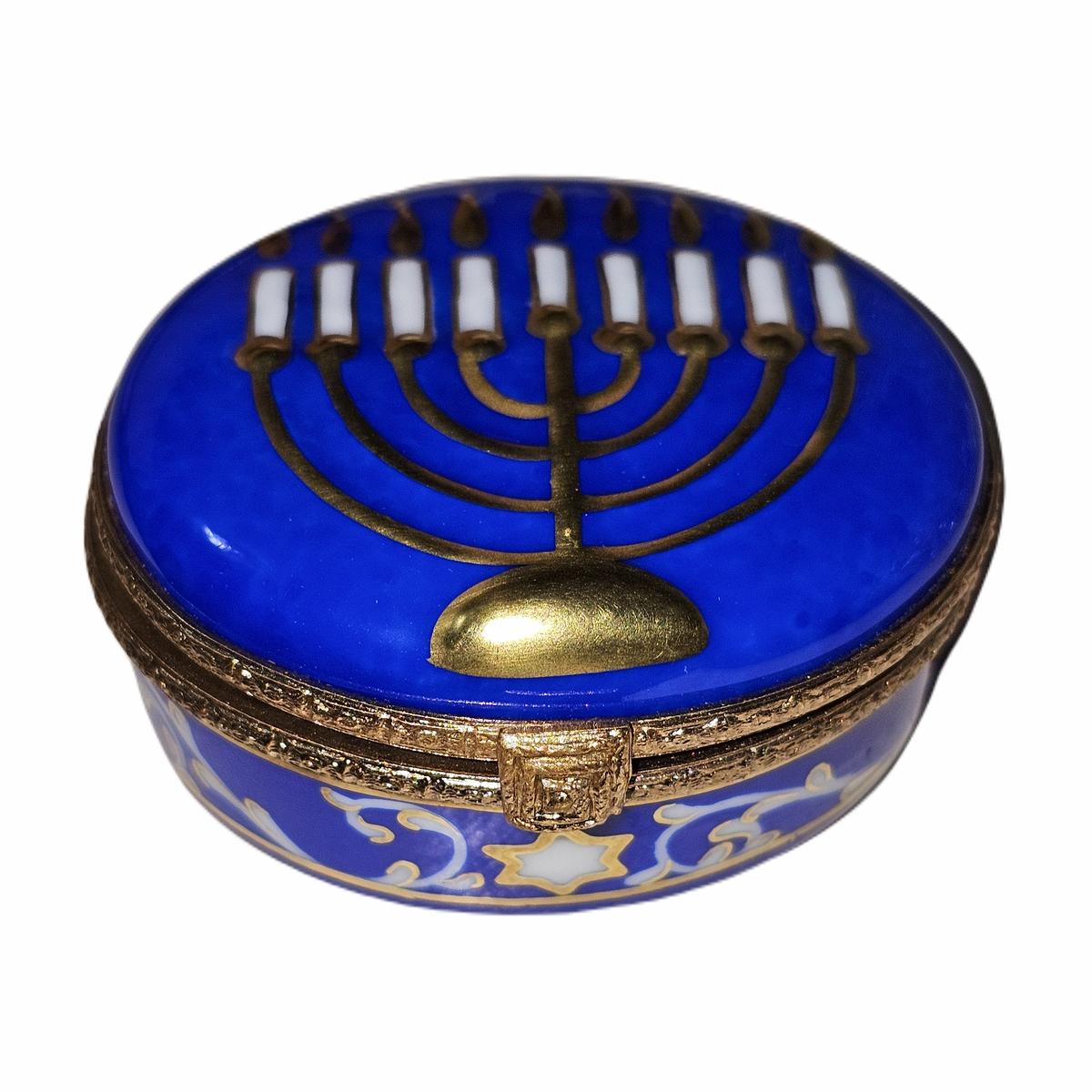 Blue Menorah Oval Box for Hanukkah, a hand-painted Limoges porcelain gift