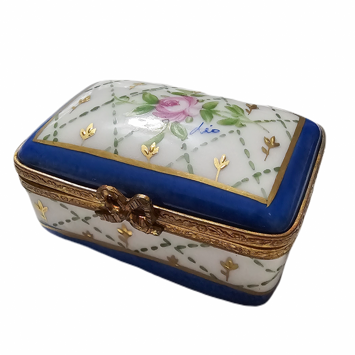 Blue Rectangle with Roses Limoges Box, a hand-painted Limoges porcelain gift