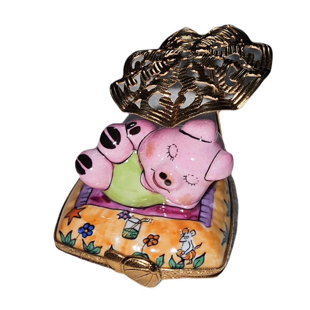 Pig on Beach w Umbrella Limoges Box, a hand-painted Limoges porcelain gift