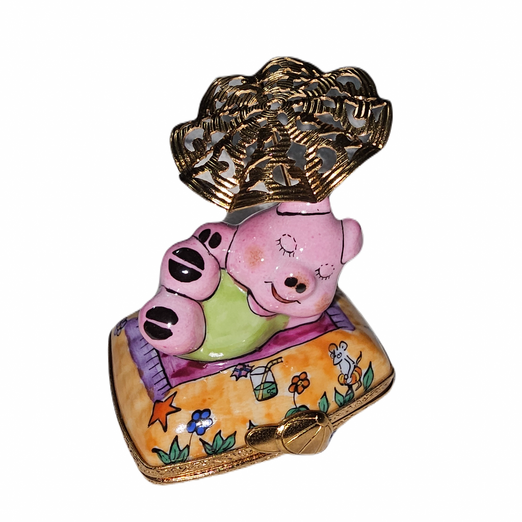 Pig on Beach w Umbrella Limoges Box, view 3
