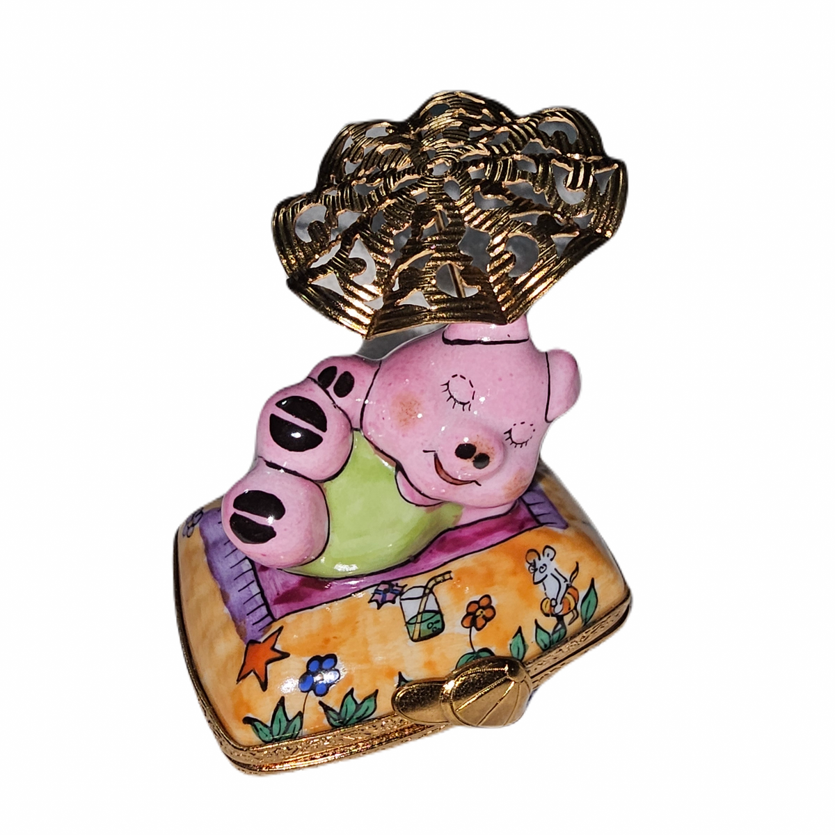 Pig on Beach w Umbrella Limoges Box, view 3