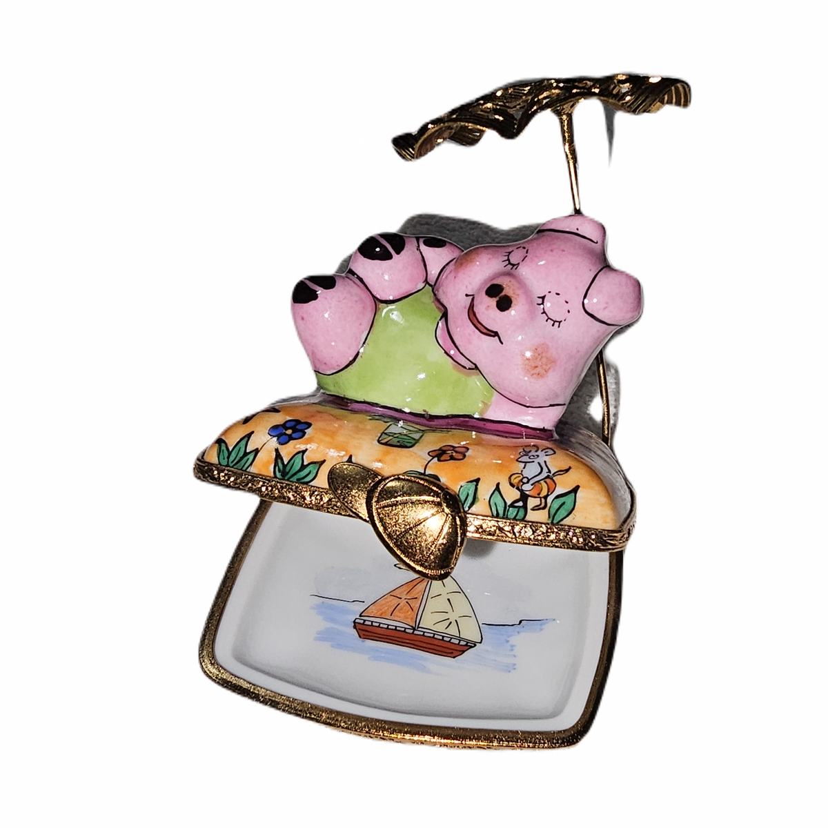 Pig on Beach w Umbrella Limoges Box, view 2