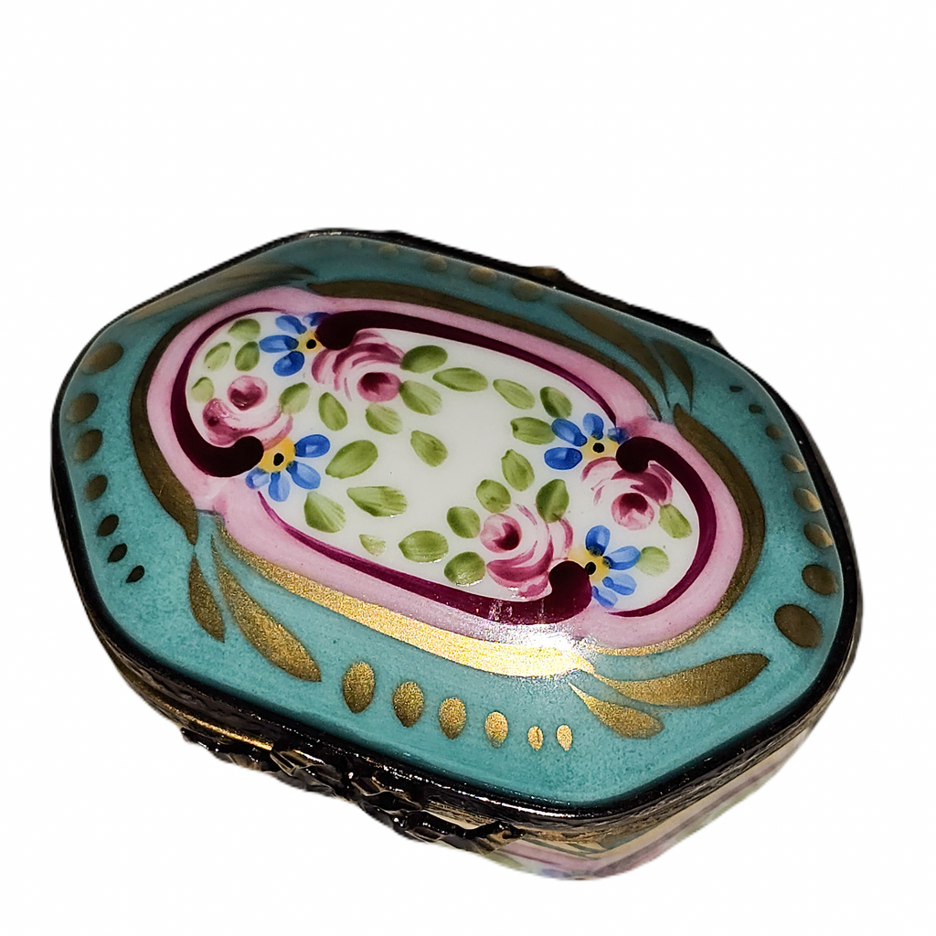 Turquois Pink Hexa Oval Floral Box, a hand-painted Limoges porcelain gift