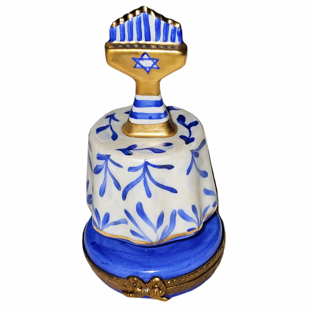 Blue Porcelain Menorah for Jewish Celebrations, a hand-painted Limoges porcelain gift