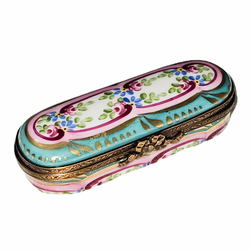 Turquois Pink Oblong Floral Limoges Box, a hand-painted Limoges porcelain gift