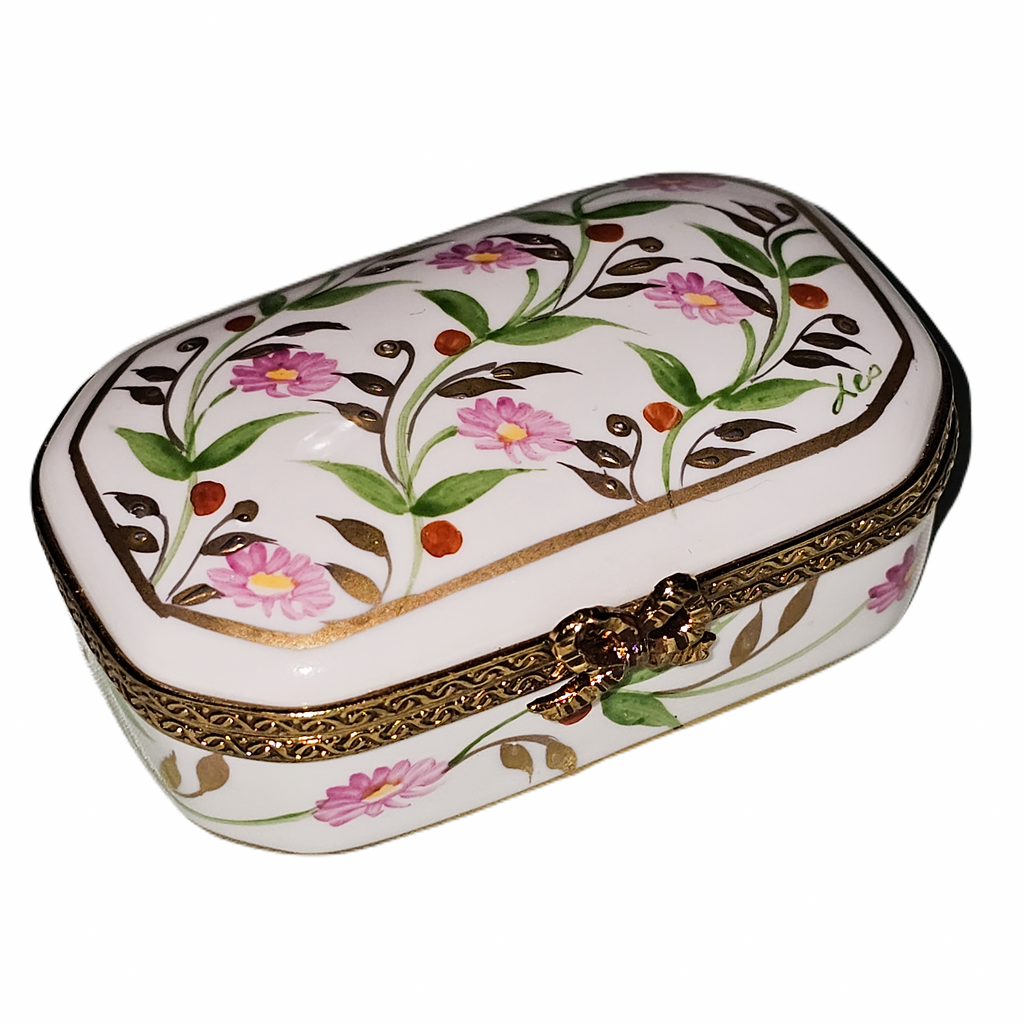 Rectangle Pink Flowers Decor Main Box, a hand-painted Limoges porcelain gift