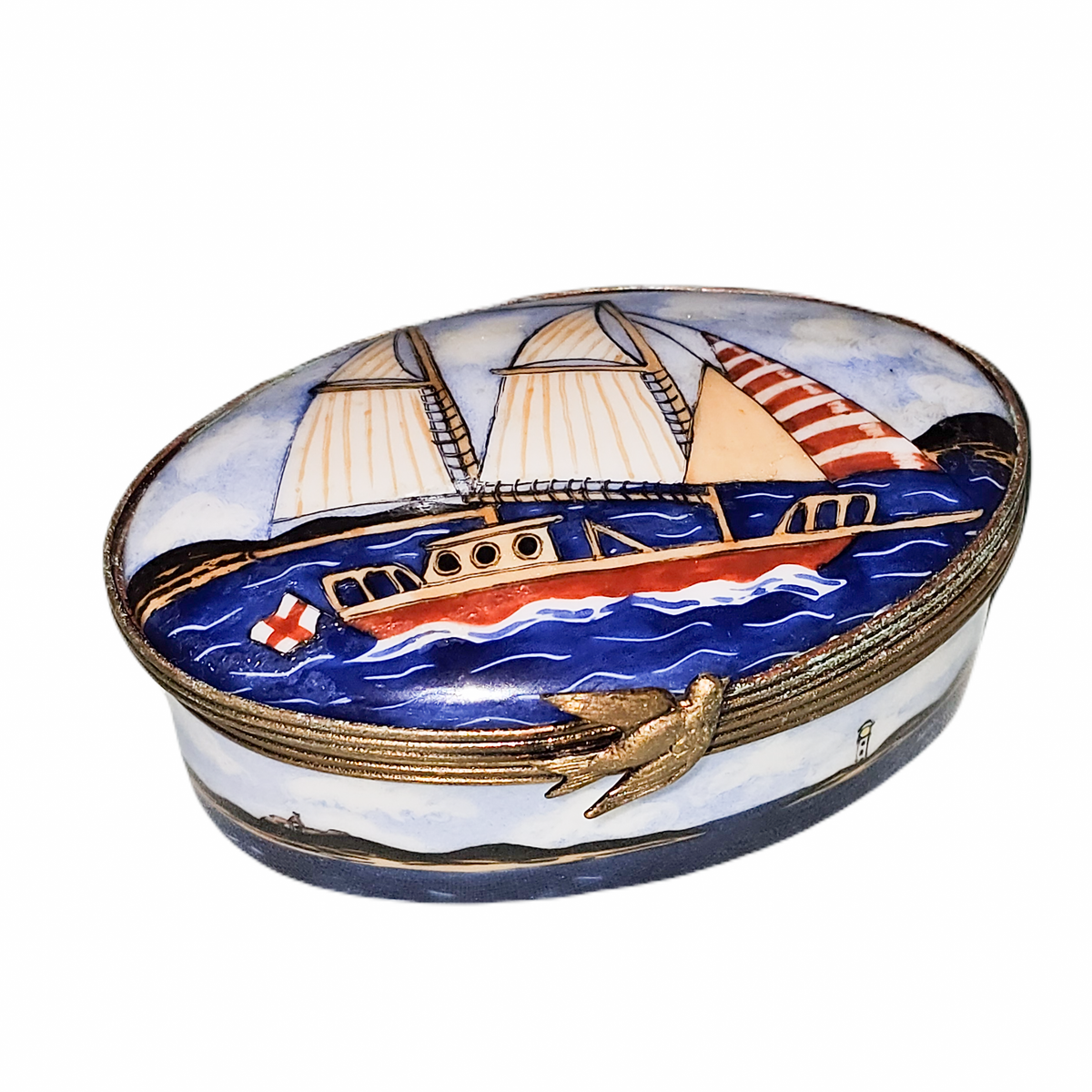Sailboat on Oval Limoges Box for Nautical Collectors, view 3