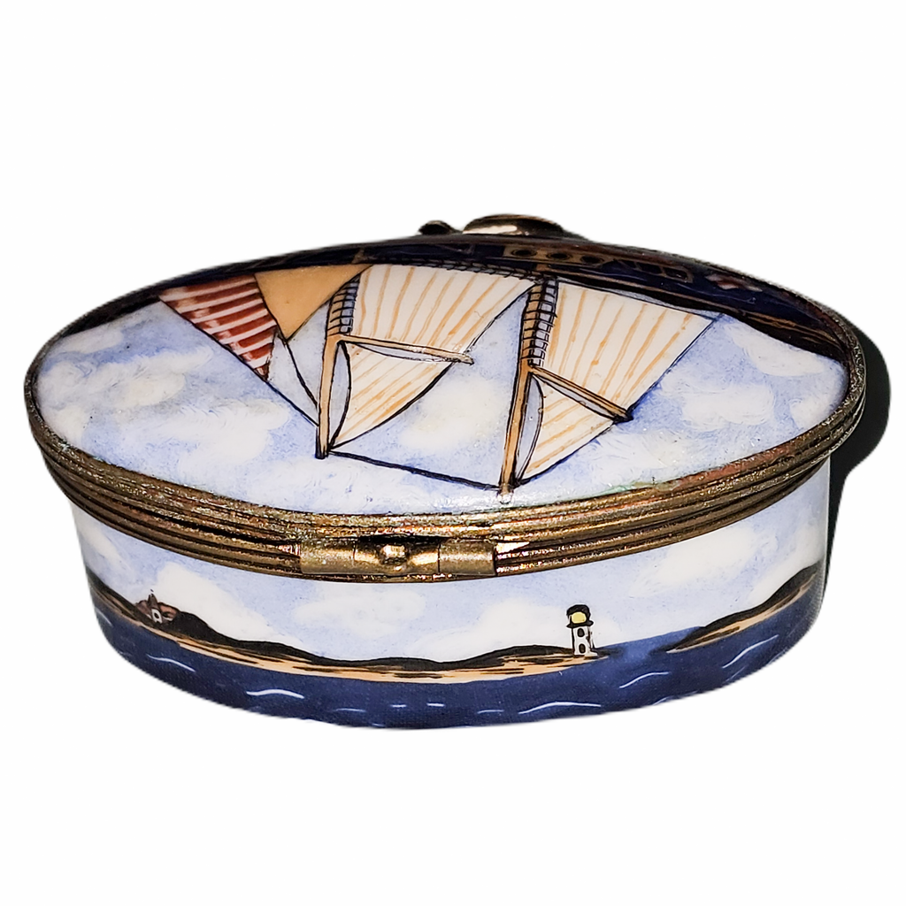 Sailboat on Oval Limoges Box for Nautical Collectors, view 4