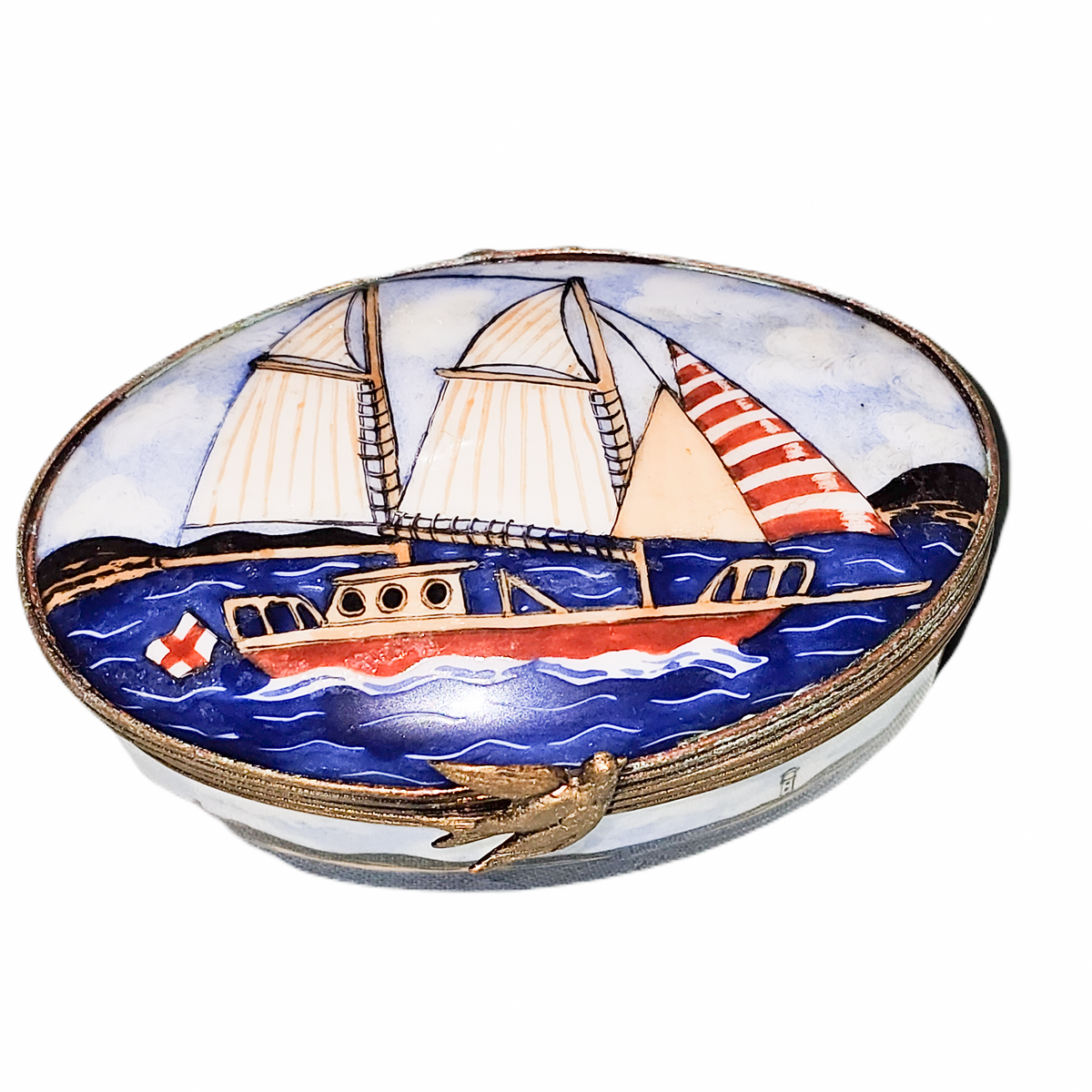 Sailboat on Oval Limoges Box for Nautical Collectors, a hand-painted Limoges porcelain gift