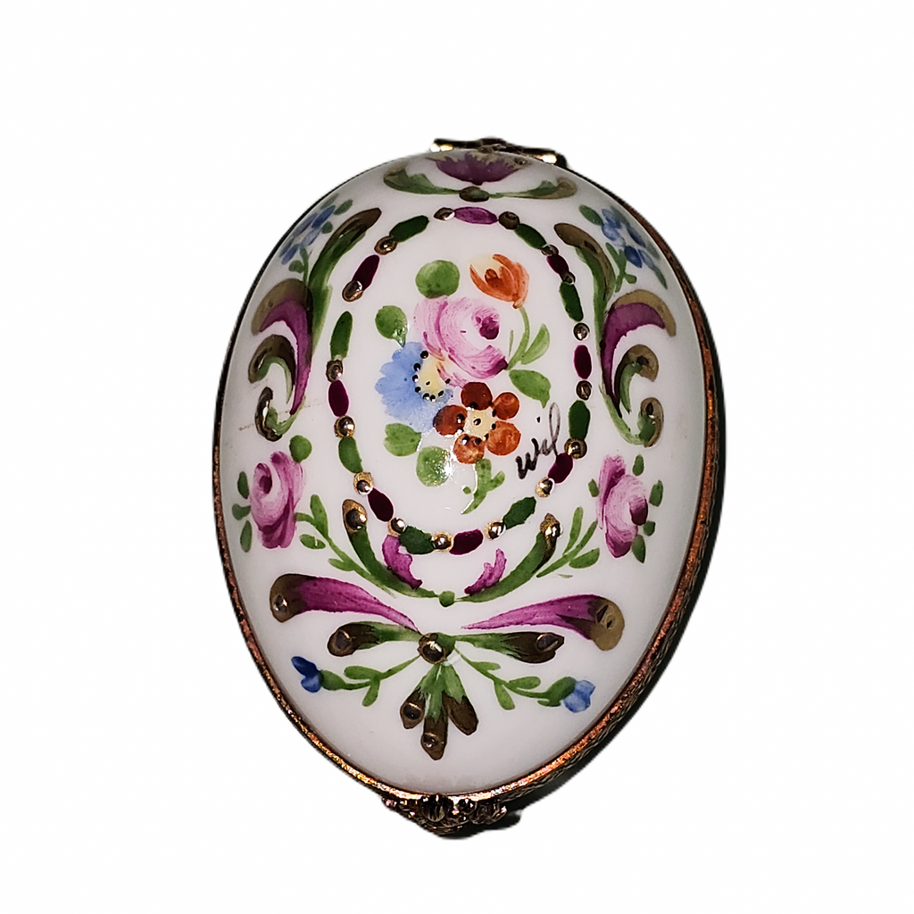 White Egg w Flowers Design Multicolored Limoges Box, a hand-painted Limoges porcelain gift