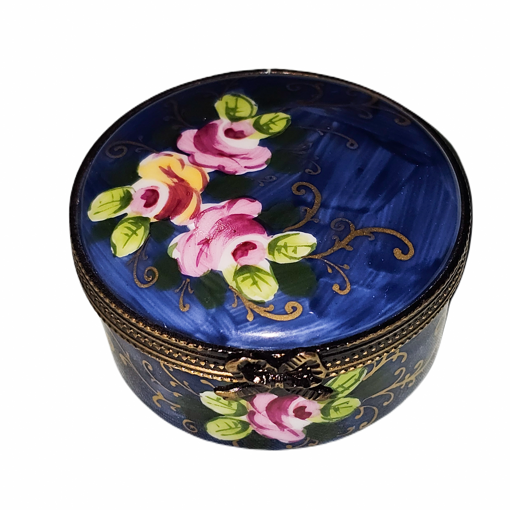Dark Blue Round 2 Roses Limoges Box, a hand-painted Limoges porcelain gift